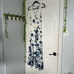 Chic White and Blue Patterned Jumpsuit